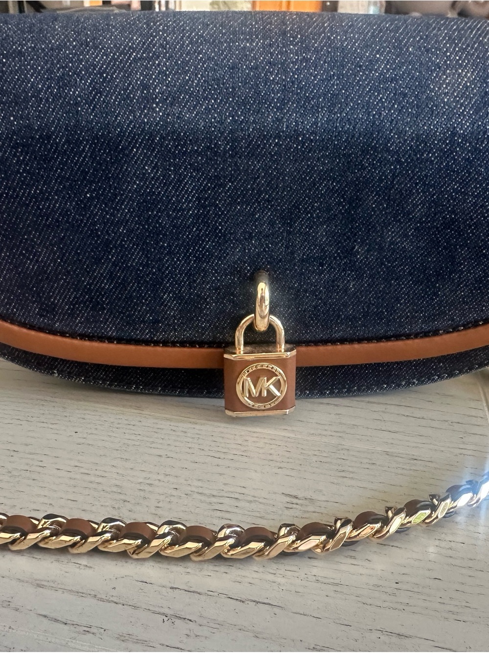 Michael Kors Navy Denim and Brown Leather-Trim Crossbody with Gold Chain - Picture 6 of 16
